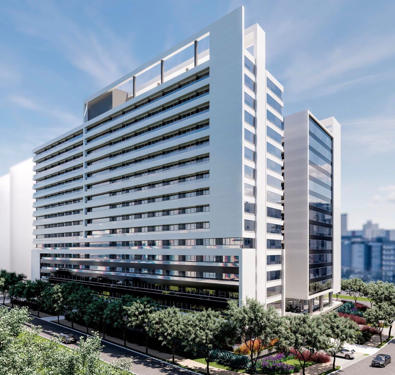 Render da fachada do Hub&Line Corporate, empreendimento residencial de alto padrão entregue em São Caetano do Sul