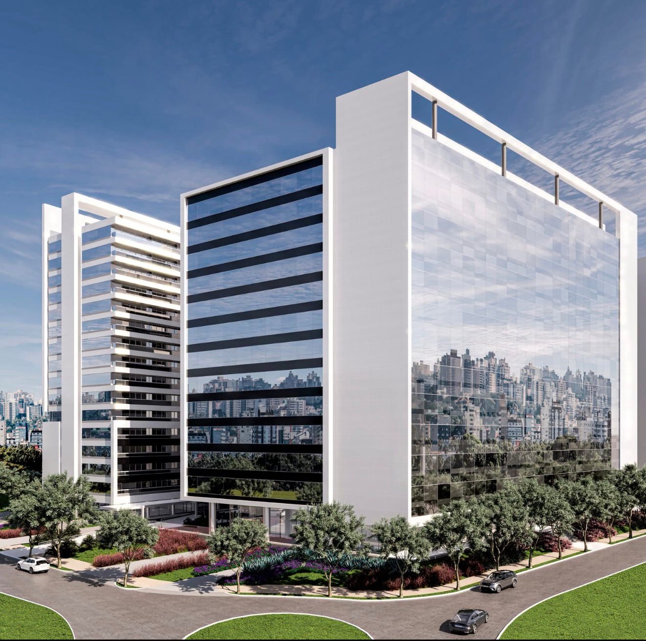 Render 3D da perspectiva lateral do Hub&Line Corporate